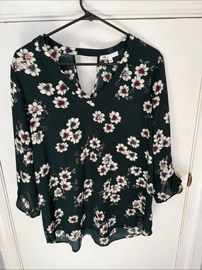 DR2 Forest Green Floral V-Neck 3/4 Sleeve Blouse